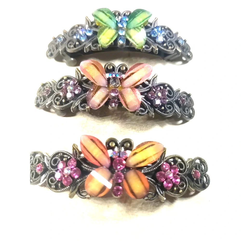 Lot Of 3 Butterfly Barrettes Black metal Rhinestones Green Pink Orange